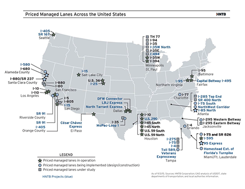 Priced Managed Lanes map across the USA