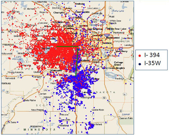 Map showing origins of MnPASS customers