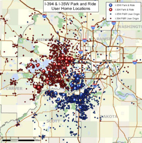 Map showing transit customer origins