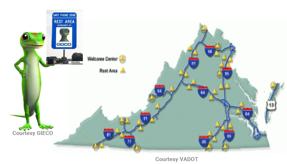 Gieco sponsored rest area signage, map of Virginia rest areas