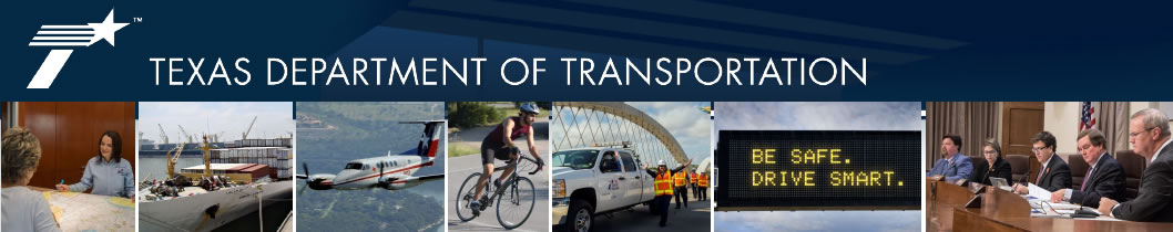 Logo: Texas Department of Transportation plus collage of transportation photos