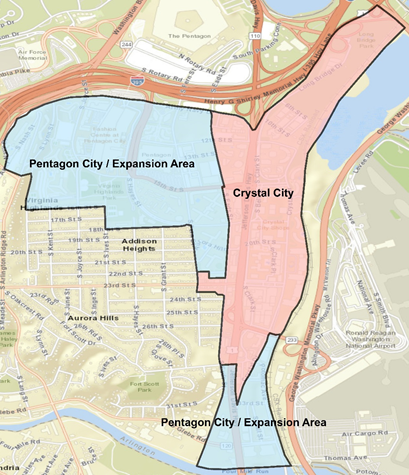 Study Area shows Crystal City east of and adjacent to Pentagon City/Expansion Area and north of and adjacent to Pentagon City Expansion Area.
