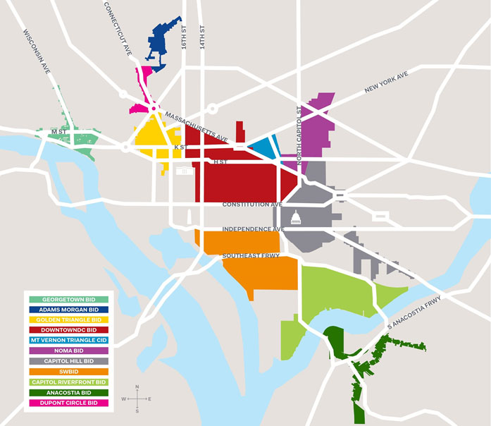 Color coded map showing the BIDs in DC