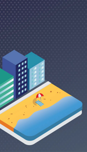 Computer Illustration of a beach and buildings