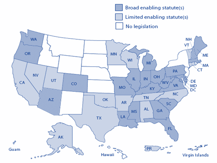 Map showing various states and their levels of P3 Enabling Legislation