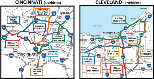 Cincinnati has four vehicles assigned to it, and Cleveland has five vehicles.