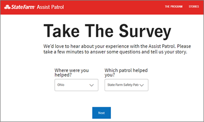 Screen shot of State Farm Assist Patrol website for feedback collection: Take the survey. We'd love to hear about your experience.
