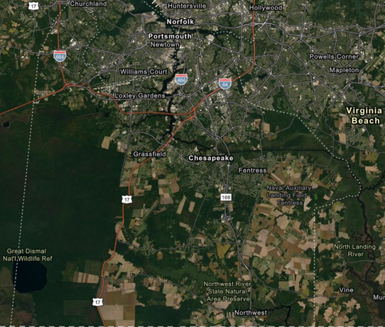 Map of Chesapeake VA with Elbow Road highlighted.