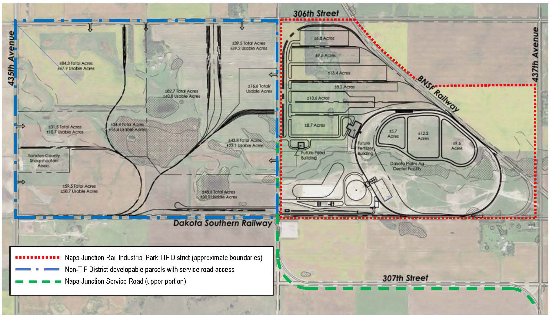 This map shows the Napa Junction Rail Industrial Park bound by the BNSF Railway line on the northeast, 306th St on the north, 436th Avenue on the west, and Dakota Southern Railway to the south, as well as the Napa Junction service road following 307th street from the southeast corner of the map, west across 307th Street, terminating at the Rail Industrial Park entrance on 436th Avenue.