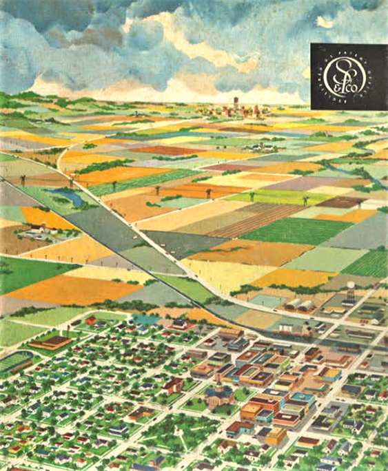 This figure shows an illustration of the urban fringe where suburbs end and countryside begins.  The suburban area is shown as a street grid with city-sized blocks, subdivided into single-family homes and a few, low-rise commercial areas.  The countryside is shown as farm fields that are interrupted only by a few roads, a railroad line, and electric power utility lines. 