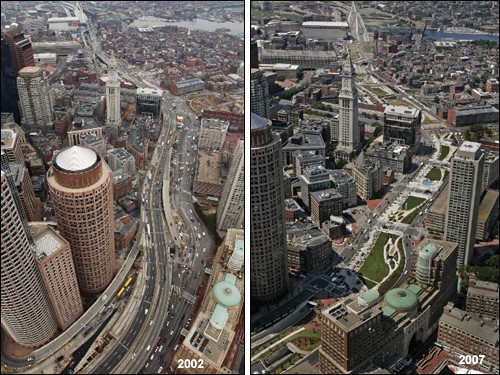 Before and after aerial photographs of the Rose Fitzgerald Kennedy Greenway, Boston .