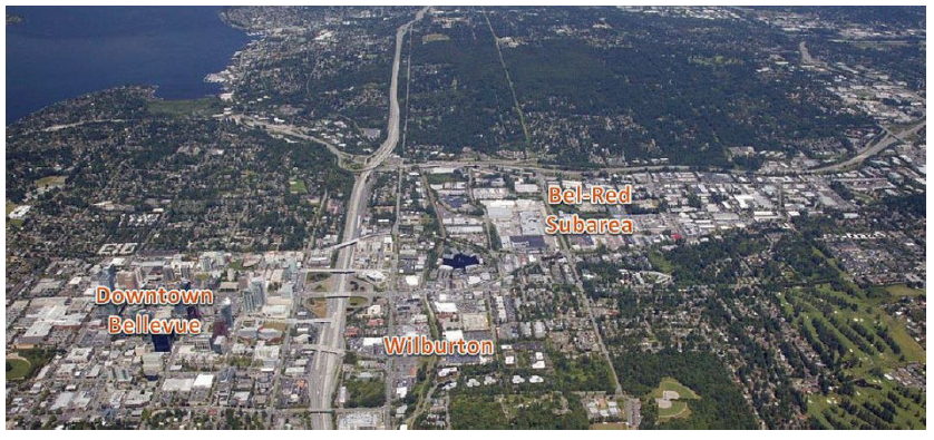 Figure 20: Aerial view of downtown Bellevue, Wilburton, and Bel-Red Subarea.