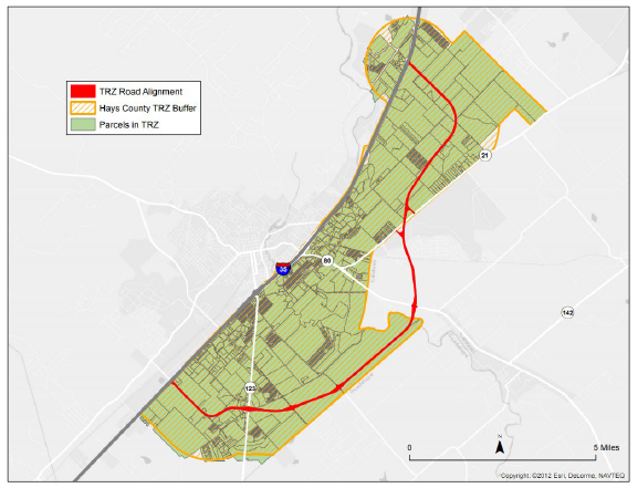 Figure 1: map shows the transportation reinvestment zone and road alignment for the FM 110 loop project in Hays County.