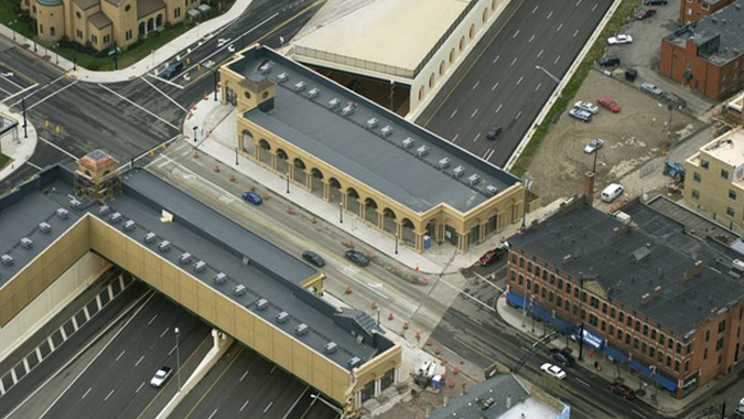 Aerial photo showing the Cap at Union Station in Columbus, OH. The photo shows the surrounding roads, streets, and underpasses.
