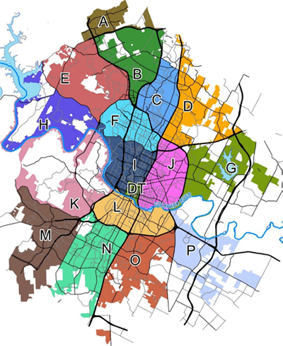 This map of Austin shows the street impact fee service areas separated into zones and labeled A to O.