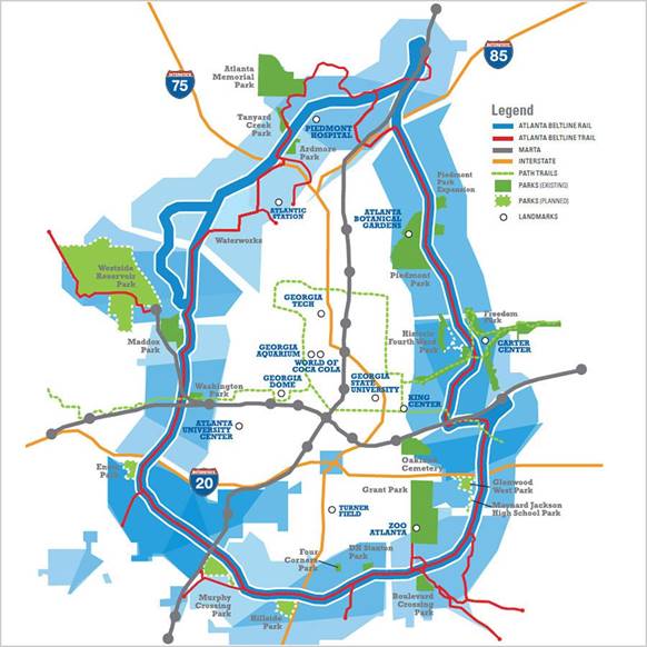 Map of Atlanta BeltLine Vision, which illustrates the expected Atlanta BeltLine Rail, Atlanta BeltLine Trail, MARTA, Interstate, Path Trails, Parks, and Landmarks.