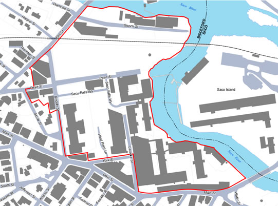 Part of downtown Biddeford indicating the boundaries of the Special Assessment District.