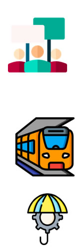 3 Icons - people holding up signs, train, cog with umbrella