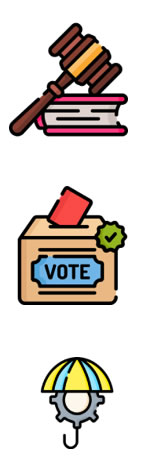 3 Icons - gavel, voting box, cog with umbrella