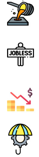 4 Icons - pouring molten substance, jobless sign, coins with downward arrow, cog with umbrella