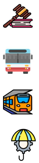 4 Icons - gavel, truck, train, cog with umbrella