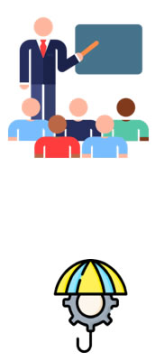 2 Icons - classroom presentation, cog with umbrella