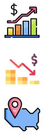 3 Icons - graph with upward arrow, graph with down ward arrow, and map of US