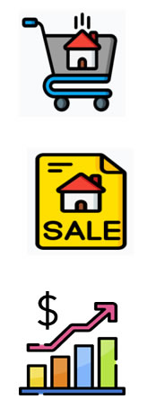 3 Icons -shopping cart with house, for sale sigh, graph with up arrow