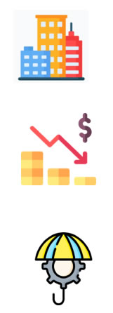 3 Icons - buildings, downward graph cog with umbrella