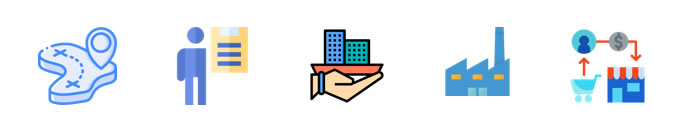 5 icons - compass, man with notepad, hand holding boat, factory, grocery store to cart