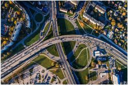 An overhead photo of traffic on an overpass