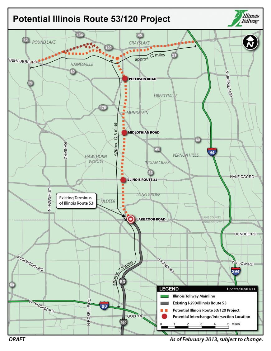 This map shows the route of the proposed Illinois Route 53/120 project, which was never built. The project would have extended Route 53 northward, approximately 12.5 miles from its current terminus in Palatine, Illinois, to east-west Route 120 in Grayslake, Illinois. The proposed project also included improvements to a 12-mile section of Route 120.