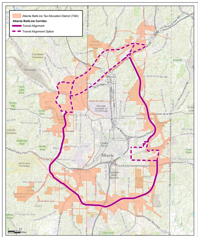 This map shows the boundaries of the tax allocation district created to generate funding for the construction of the Atlanta BeltLine. The map covers the city of Atlanta and its suburbs. A dark line around the core of Atlanta shows the alignment of the transit line that is part of the BeltLine project. Parcels of property on either side of this line are colored to show that they are included in the tax allocation district. The illustration shows that there are some areas where properties adjacent to the BeltLine are not included in a tax allocation district, and there are other areas where the tax allocation district extends a significant distance on one side or both sides of the BeltLine. Some of the tax allocation district parcels a significant distance outside or inside of the Beltline itself.
