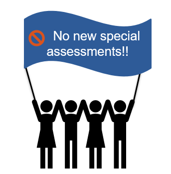 Group success icon. Simple figures are holding up a banner. The banner has text that says, "No new special assessments!"