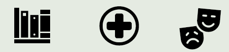 Icons of books, red cross, and drama