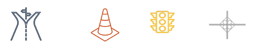 Series of icons: roadway, traffic cone, stop light, and cloverleaf exit.
