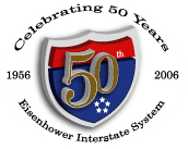 The 50th Anniversary logo is a red and blue shield with '50th' in the center. The following text surrounds the shield: 'Celebrating 50 Years Eisenhower Interstate System, 1956-2006'