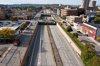 An aerial photograph depicting the poor condition of the Inner Loop East Expressway.