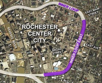 The Inner Loop surrounds Rochester Center City, passing over the Genesee River twice. The eastern portion of the Inner Loop is highlighted to signify where the location of the problematic roadway segment.