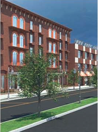 A rendering of a four-story, brick building on the new Inner Loop East.
