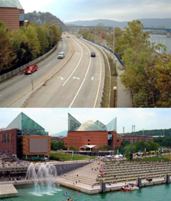 Two photos - top: Image shows four lane road in downtown Chattanooga prior to waterfront improvements. Bottom: Image shows plaza and fountain area in downtown Chattanooga after waterfront improvements.
