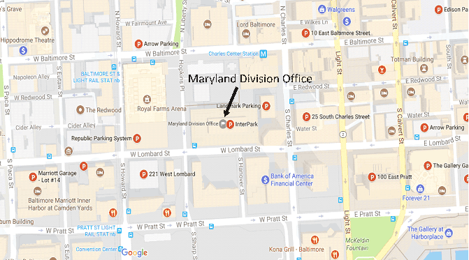 A partial map of Baltimore showing the Maryland FHWA Division office between Hopkins Plaza and S. Charles Streets