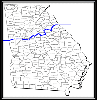 To the right of the table is a box and inside the box, a map of the State of Georgia appears. All counties of Georgia are shown on the map. A blue line separates approximately the top one-third of the State from the bottom two thirds. The line runs along the southern edges of the following counties: Elbert, Oglethorpe, Oconee, Morgan, Newton, Henry, Spalding, Coweta, and Heard. The counties above the blue line are treated with de-icing chemicals in the winter. The counties below the blue line do not receive de-icing chemicals in the winter. To the right of the table is a box and inside the box, a map of the State of Georgia appears. All counties of Georgia are shown on the map. A blue line separates approximately the top one-third of the State from the bottom two thirds. The line runs along the southern edges of the following counties: Elbert, Oglethorpe, Oconee, Morgan, Newton, Henry, Spalding, Coweta, and Heard. The counties above the blue line are treated with de-icing chemicals in the winter. The counties below the blue line do not receive de-icing chemicals in the winter.