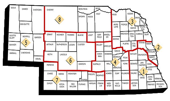 Map of Nebraska districts, click on a region for more information about that district or use the text list below.