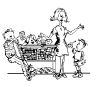Graphic of women with grocery cart and kids