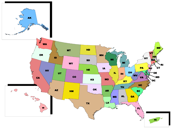 Image of continental United States, Alaska and Hawaii with links to State Fact Sheets.