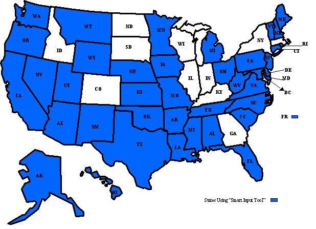 Map showing all States using Motor Fuel Smart Tool, with the exception of Idaho, North and South Dakota, Wisconsin, Illinois, Indiana, New York, Rhode Island, Colorado, Kentucky, and Georgia.