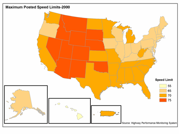 Map of U.S. showing maximum posted speed limit by States for 2000.