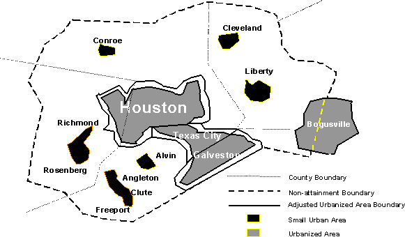 This figure contains a map of houston that shows the county, non-attainment, and adjusted urbanized area boundaries. It also shows the small urban and urbanized areas in the surrounding counties.