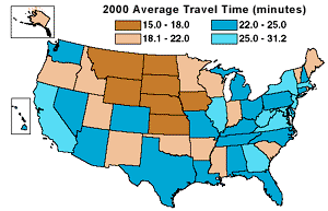 Map of U.S. Showing 2000 Average Travel Time to Work